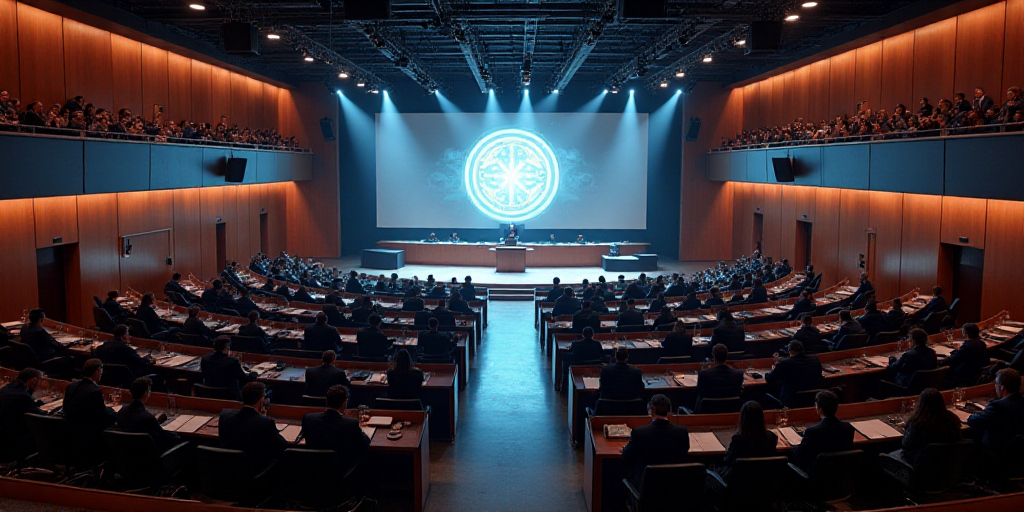 a large room filled with people sitting at tables and a podium with a screen on it's wall, Afewerk T