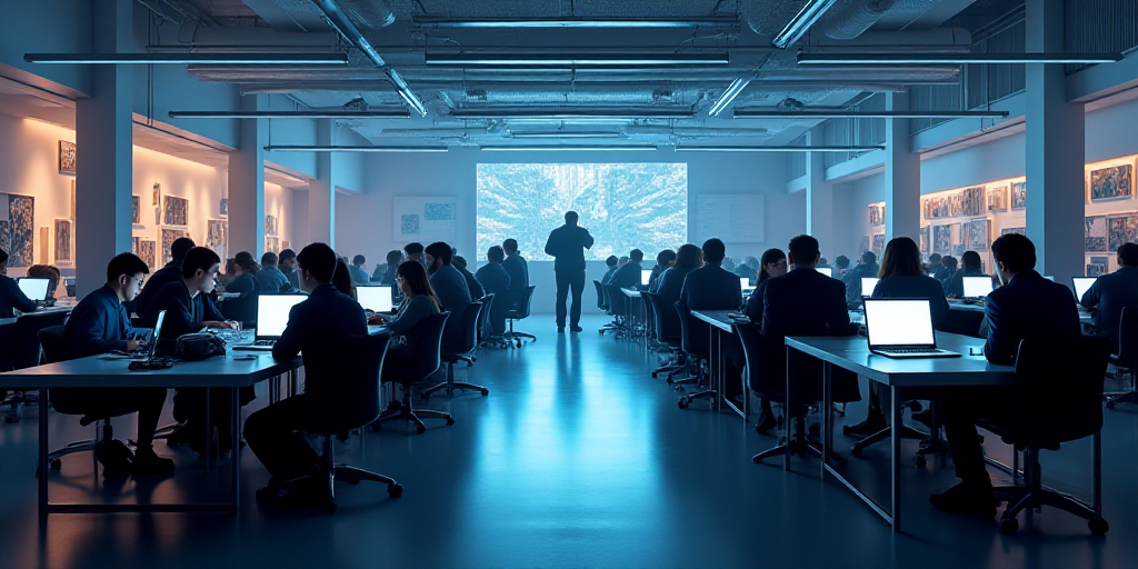 a large room filled with people working on laptops and standing around tables with chairs and tables