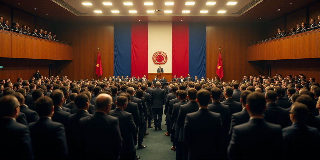 a large room filled with people in suits and ties standing in front of a podium in a building with a