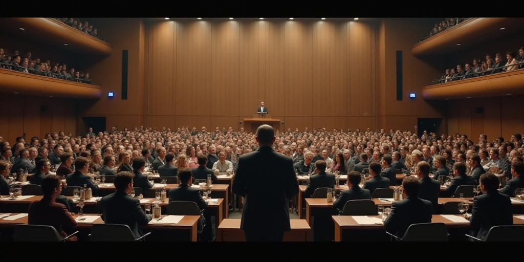 a large room filled with people sitting at desks and a speaker standing at the front of the room, Ed