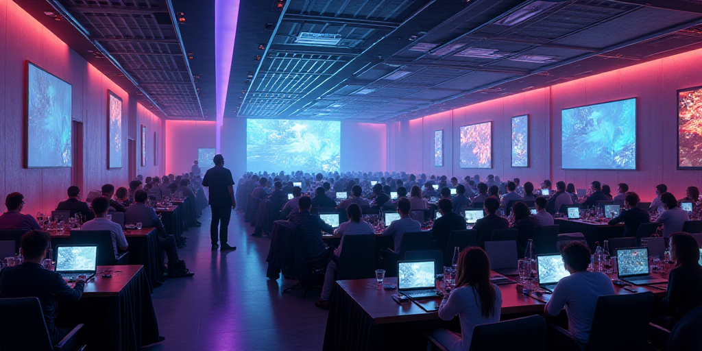 a large room filled with people sitting at tables and standing around tables with laptops on them an