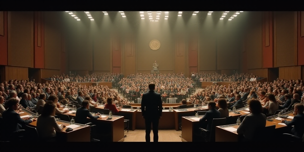 a large room filled with people sitting at desks and a speaker standing at the front of the room, Ed