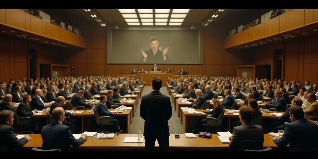 a large room filled with people sitting at desks and a speaker standing at the front of the room, Ed