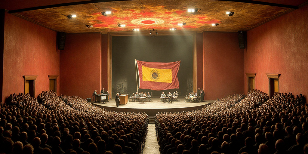a large room filled with people and a stage with a flag on it's wall and a ceiling, David Alfaro Siq