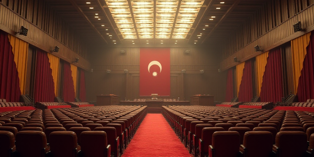 a large room with a bunch of chairs and a flag in the middle of it and a flag in the middle of the r