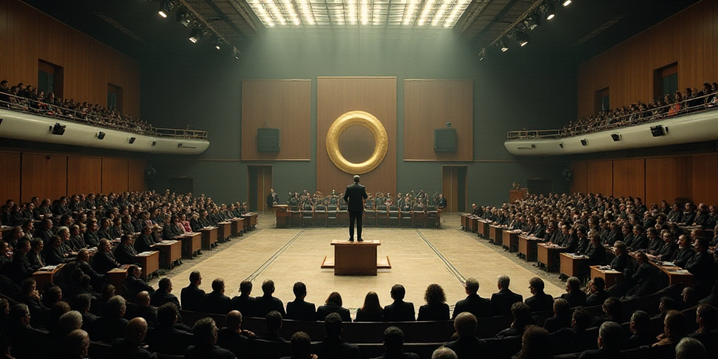 a large room with a bunch of people in it and a podium in the middle of the room with a podium on th