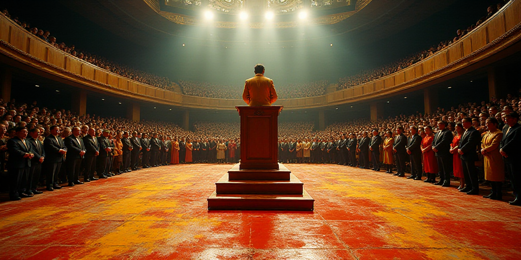 a large room with a bunch of people in it and a podium with a podium on it in front of a crowd, Davi