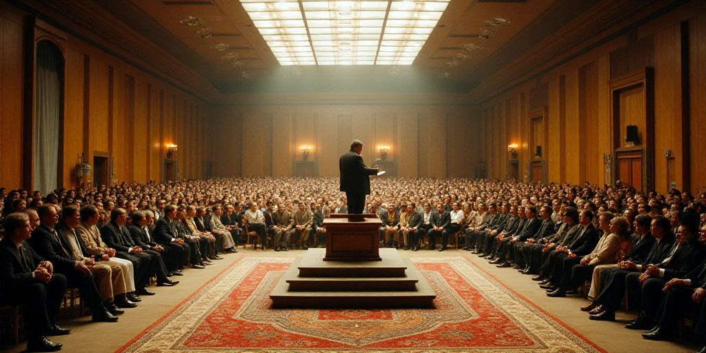 a large room with a bunch of people in it and a podium with a podium on it in front of a crowd, Davi
