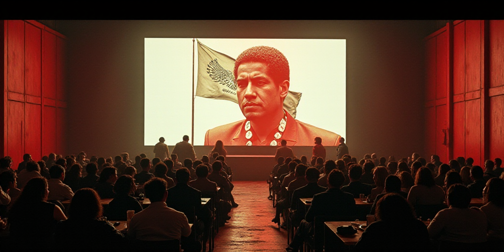 a large room with a large screen and a lot of people sitting at tables in front of it and a flag on
