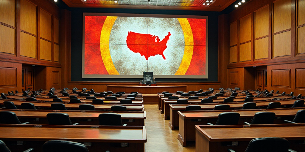 a large room with a lot of desks and a big screen on the wall above it that says the united states,