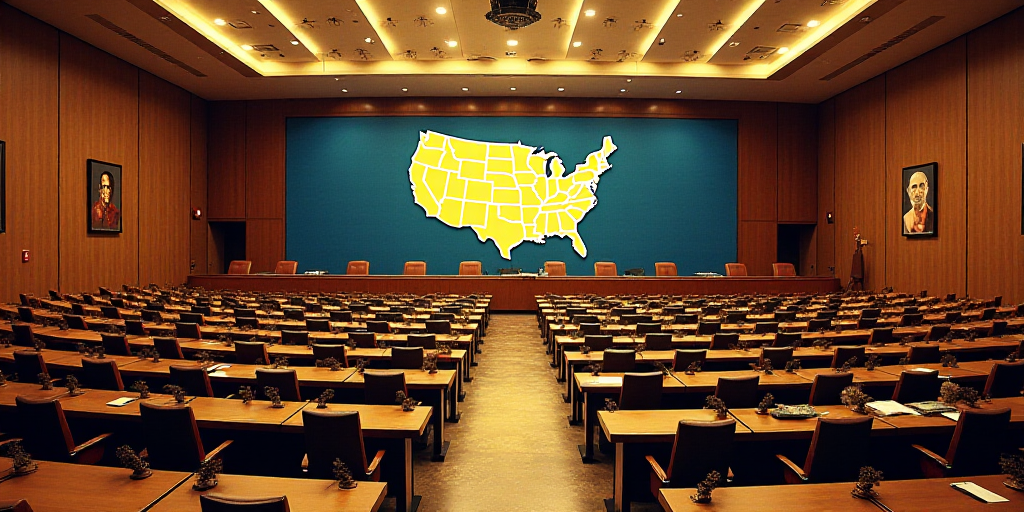 a large room with a lot of desks and a big screen on the wall above it that says the united states,