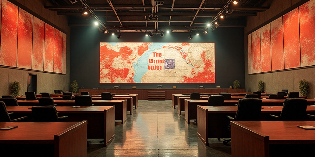 a large room with a lot of desks and a big screen on the wall above it that says the united states,