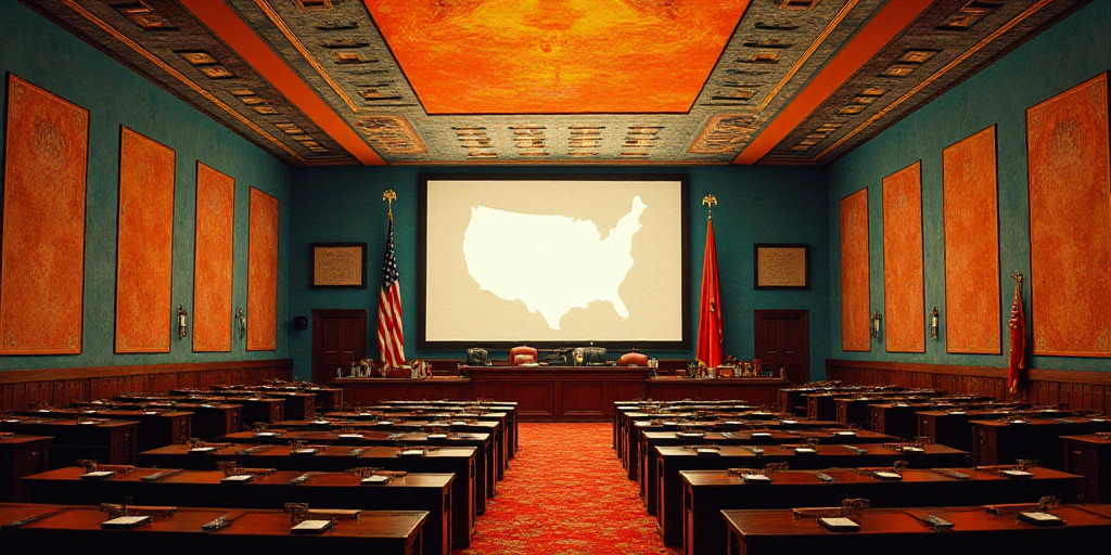 a large room with a lot of desks and a big screen on the wall above it that says the united states,