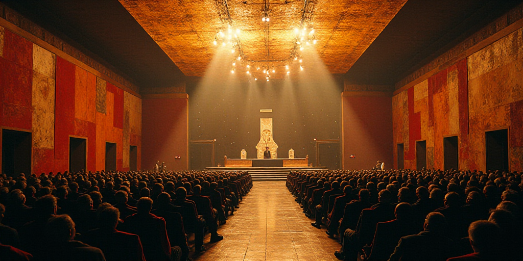 a large room with a lot of people in it and a speaker in the center of the room with a lot of chairs
