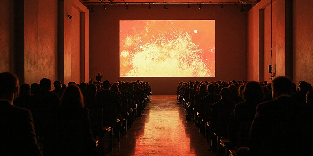 a large room with a lot of people in it and a big screen on the wall above it that says it all, Davi
