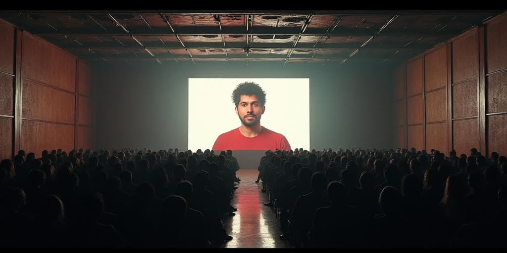 a large room with a lot of people in it and a big screen on the wall with a man on it, Eddie Mendoza