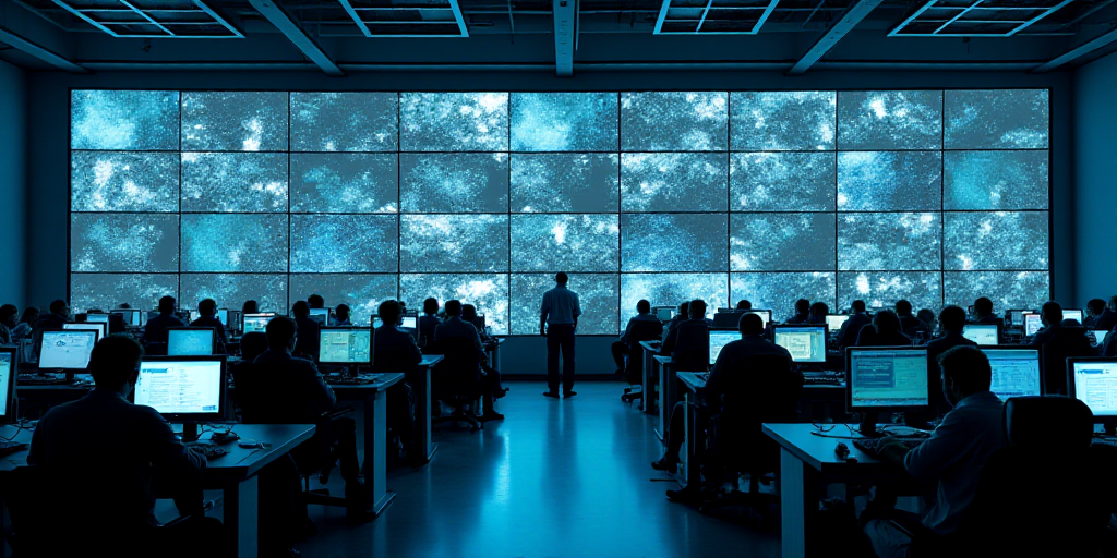 a large room with a lot of people working on computers and a lot of monitors on the wall above, Andr