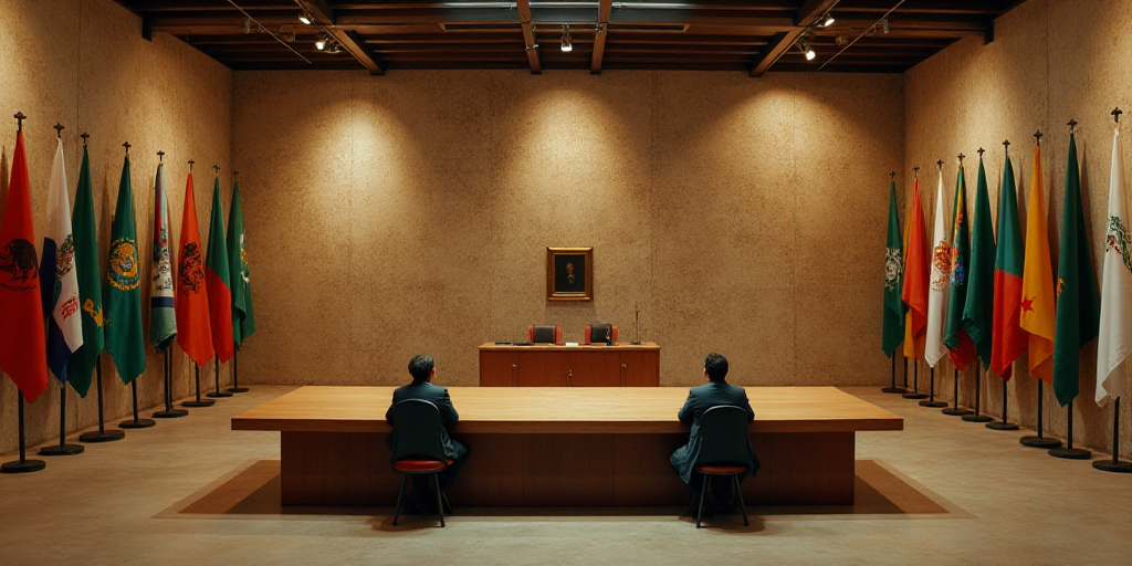 a large room with a wooden table and two people sitting at it with flags on the walls and a ceiling,