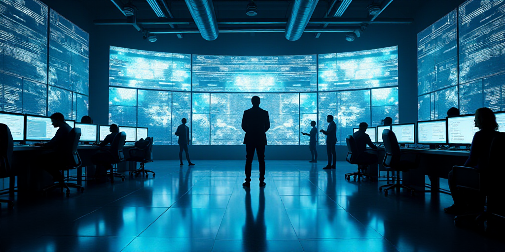 a large room with many monitors and people walking around it and a man standing in the middle of the