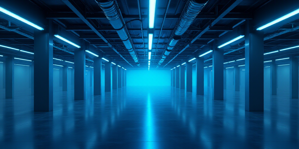 a large room with many rows of lights and a ceiling with a blue light in it and a long row of lights