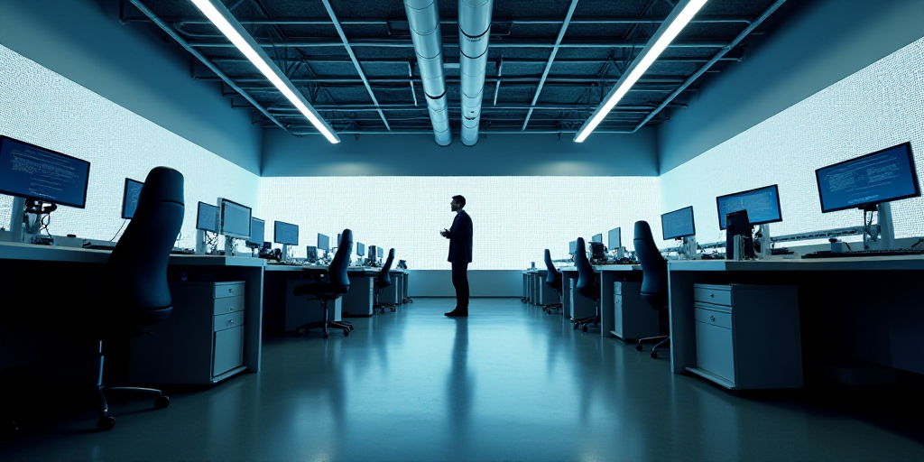 a large room with multiple desks and monitors on the walls and a man standing in the middle of the r