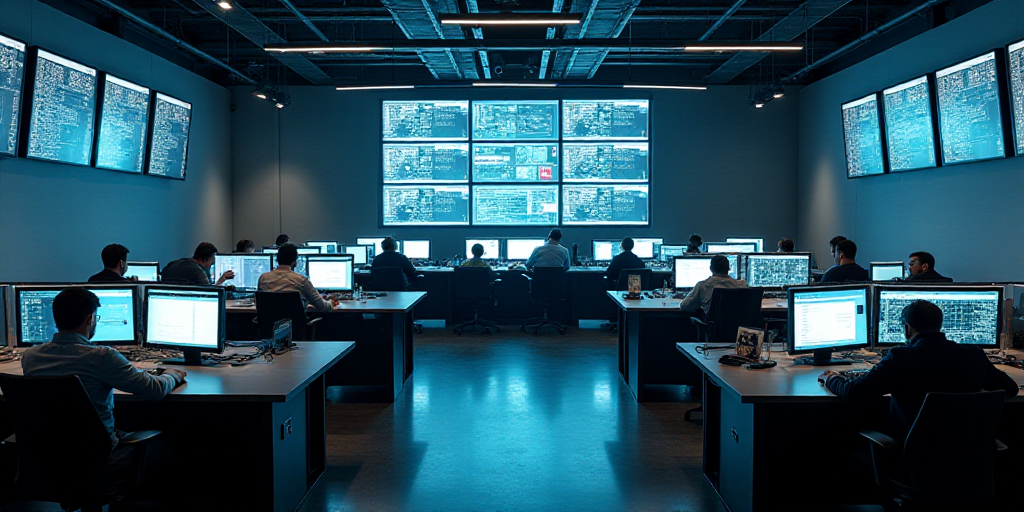 a large room with multiple monitors and tables in it's center area, with people working on computers