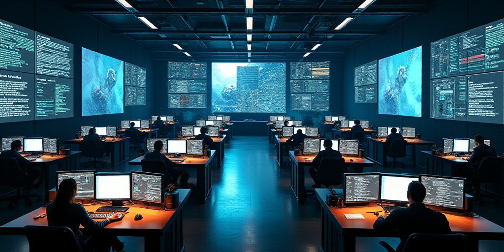 a large room with multiple monitors and tables in it's center area, with people working on computers