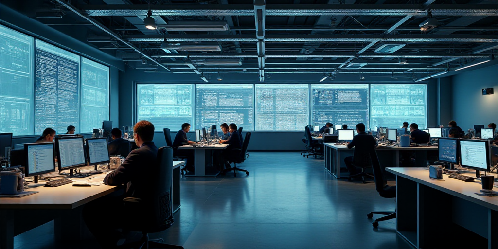 a large room with multiple monitors and tables in it's center area, with people working on computers