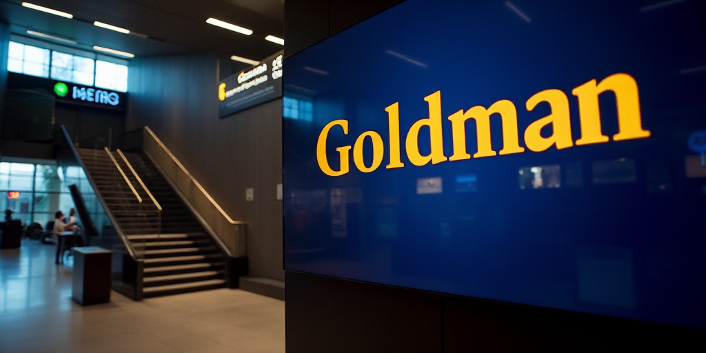 a large screen displaying the goldman scors logo in a building with other signs in the background an