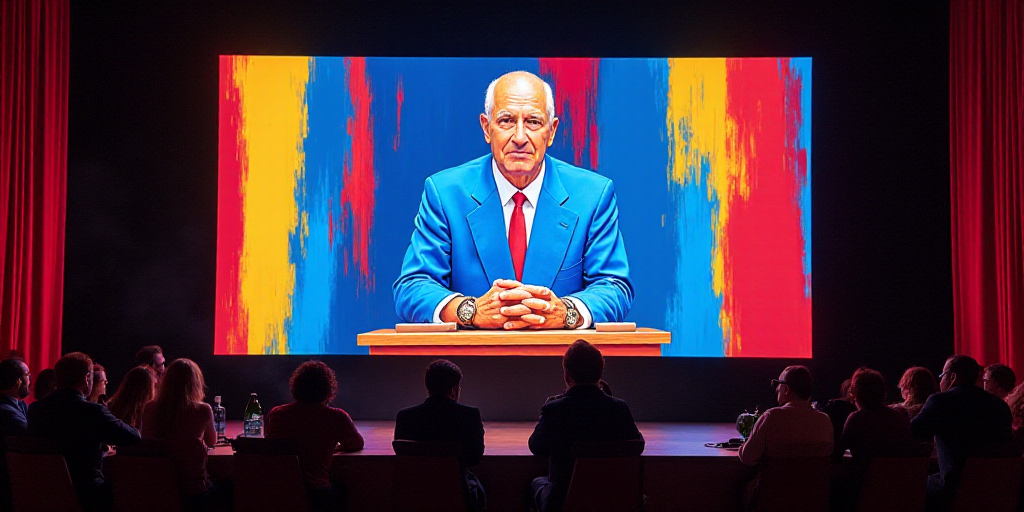 a large screen with a man on it at a podium with people sitting at a table in front of it, Agustín