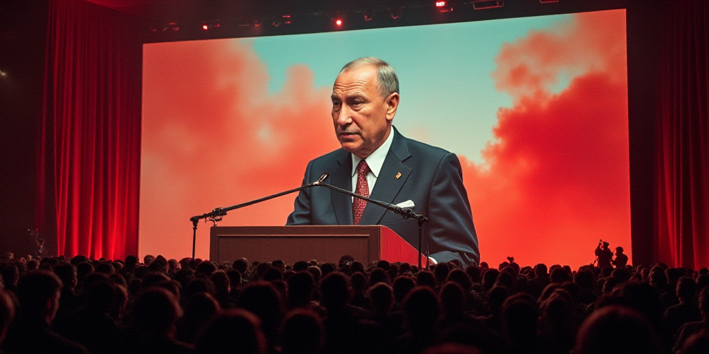 a large screen with a picture of a man giving a speech on it in front of a crowd of people, Boris Vl