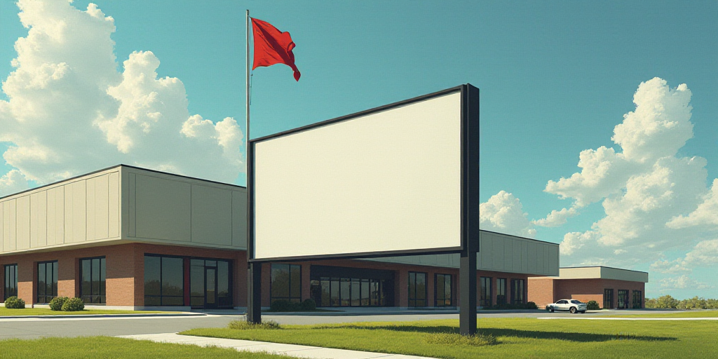 a large sign that is in front of a building with a flag on it and a flag flying in the background, D