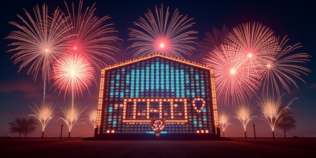 a large sign with a lot of different badges on it's sides and a lot of fireworks in the background,