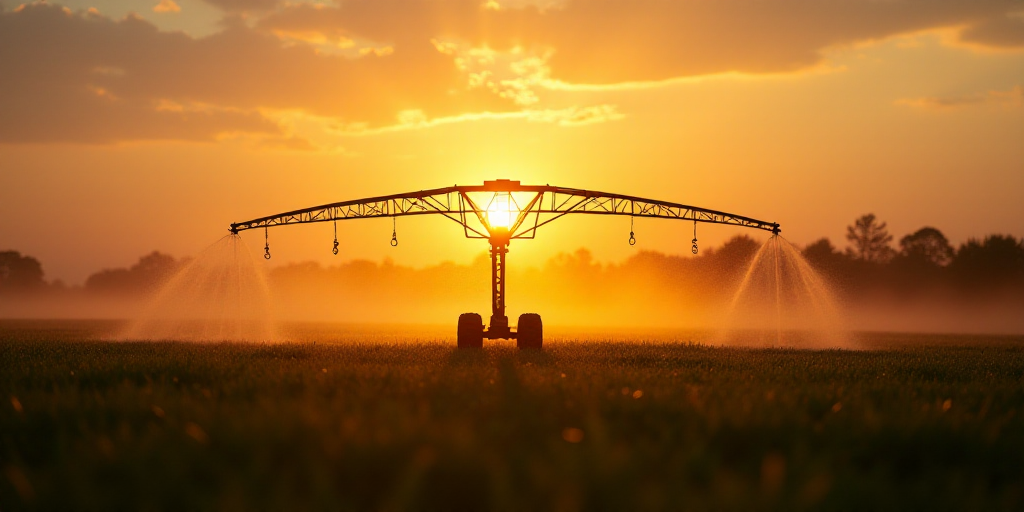 a large sprinkler in a field at sunset with the sun shining behind it and a line of sprinklers in th