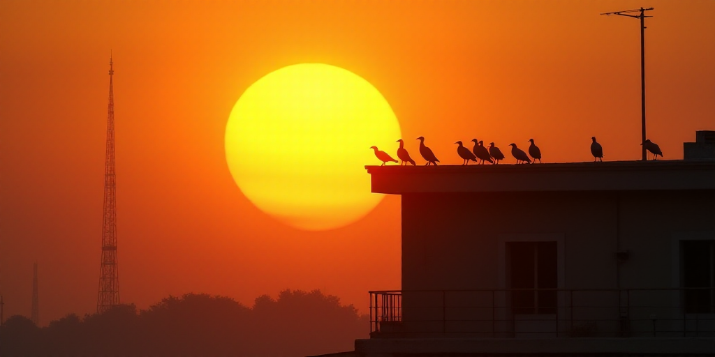a large sun setting behind a building with birds on it's roof and a tower in the background, Aya God