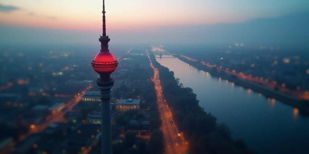 a large tower with a red light on top of it's side in a city next to a river, Dahlov Ipcar, zenith v