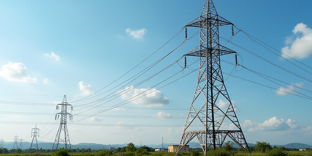 a large tower with a sign that says it's a big deal of power lines and wires in the background, Cefe