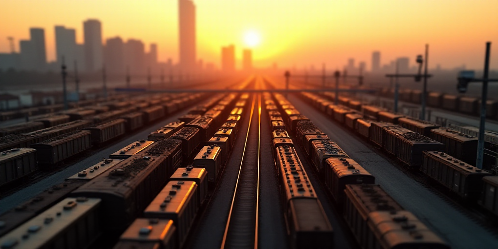 a large train yard with many trains on the tracks and a city in the background at sunset or dawn, El