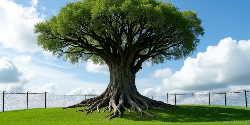 a large tree that is behind a fence in a park with a sky background and clouds in the sky, Carol Bov