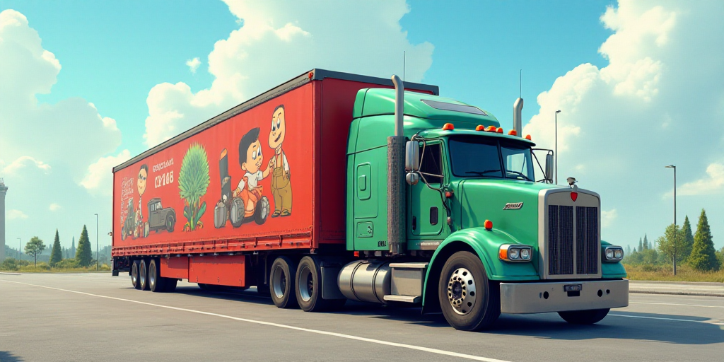 a large truck with a cartoon character on the back of it's trailer is parked in a parking lot, Didie