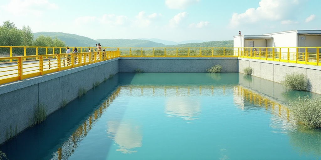 a large water treatment facility with a yellow railing and a few people standing on the side of the