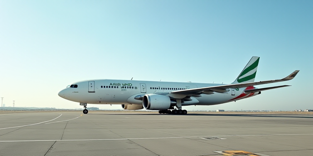 a large white airplane sitting on top of an airport runway with a green and white tail end and a red