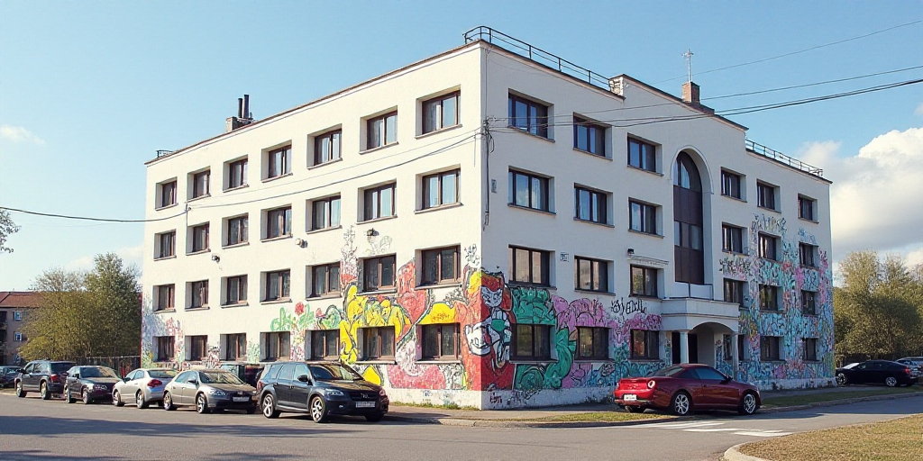 a large white building with a lot of windows on it's side and cars parked in front of it, Enguerrand