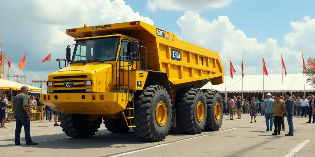 a large yellow machine is parked in a lot with people around it and flags flying in the background a