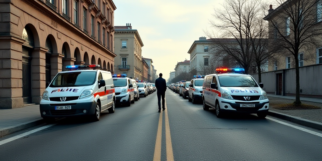 a line of police vehicles parked on the side of a road next to a building and a man walking, Eduardo