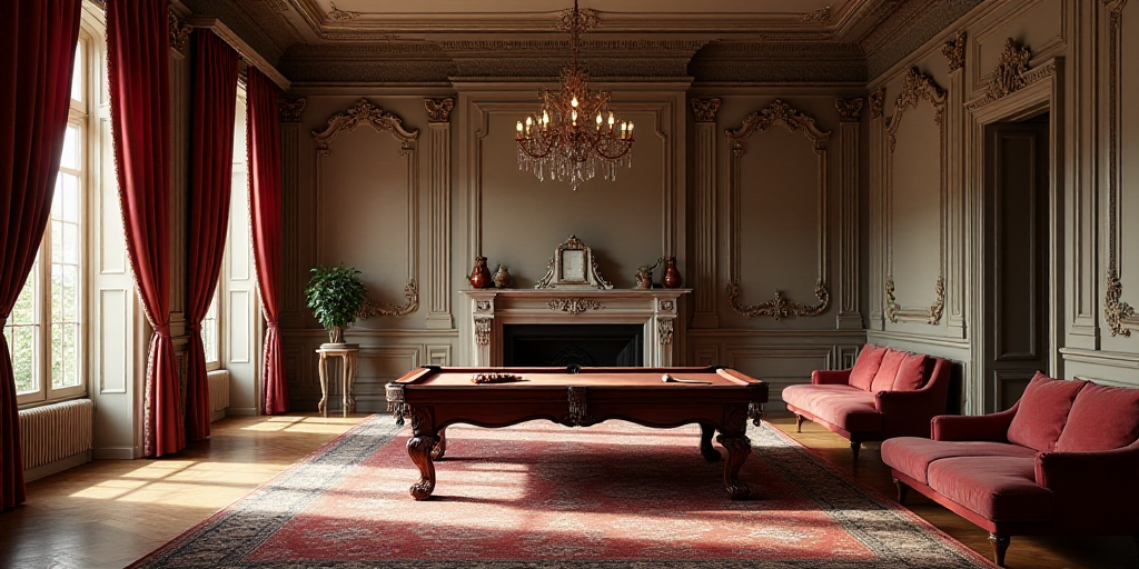 a living room with a pool table and couches in it and a piano in the middle of the room, Enguerrand