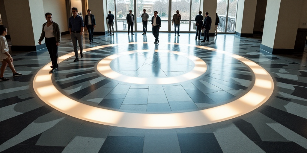 a lobby with a large circular sign on the floor and people walking around it in the background and a