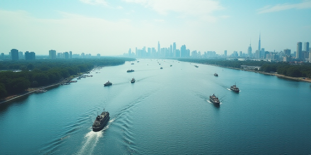 a long stretch of water with boats in it and a city in the background with a sky line in the middle,