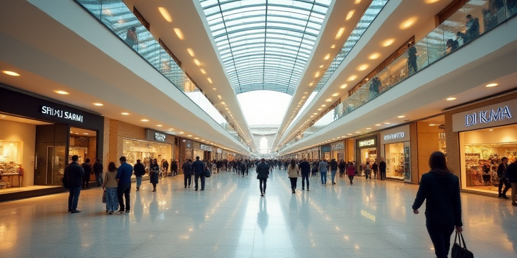 a mall with a lot of people walking around it and a few shops on the ground below them and a few peo