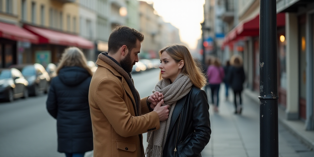 a man adjusting a woman's scarf on a city street corner in the daytime time, with a woman standing o